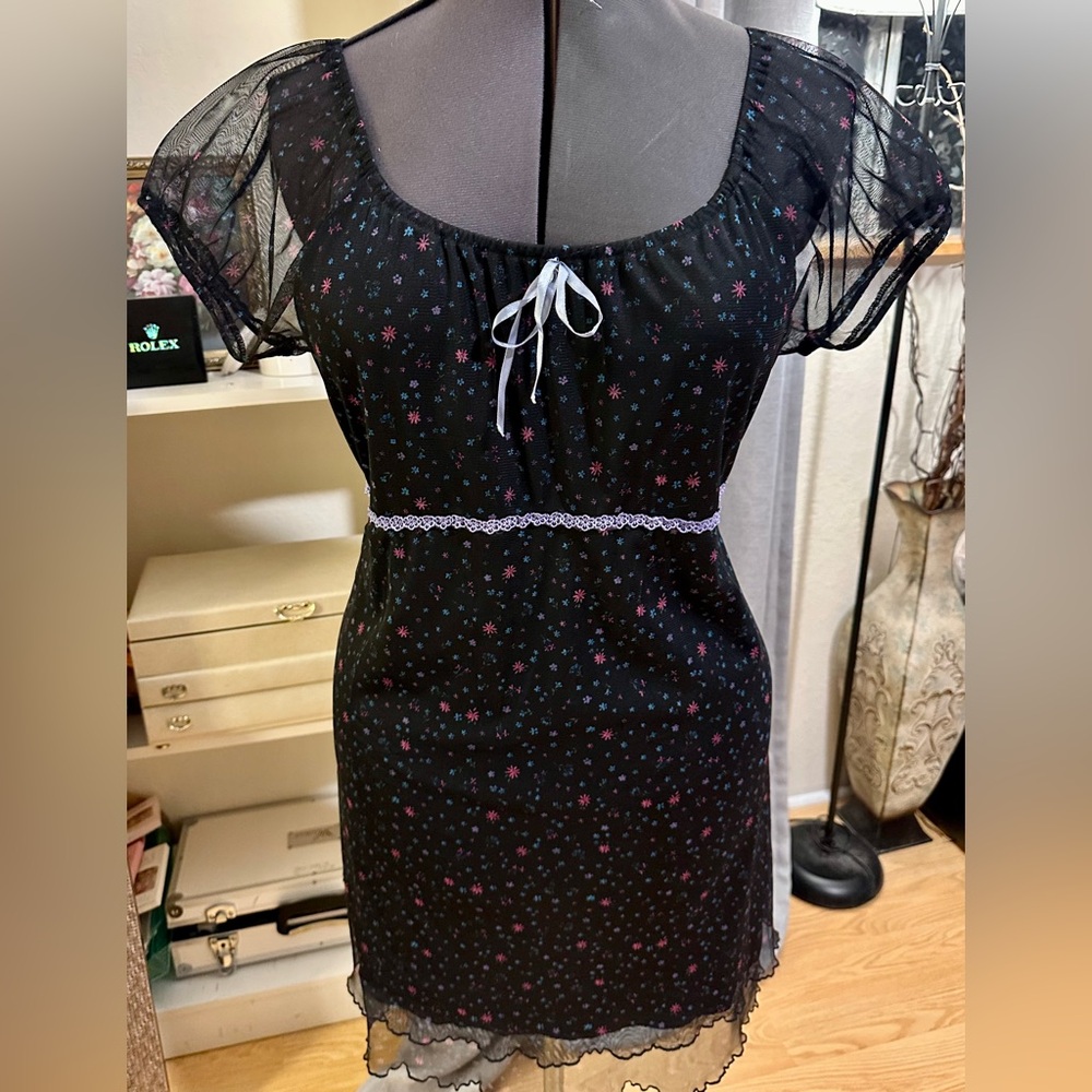 Vtg My Michelle Dress 90’s Baby Doll Ditsy Floral Empire Waist Sheer Overlay XL